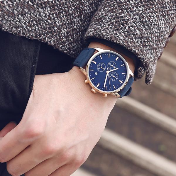 Men'S Multifunction Chronos Sport Watch Leather Strap Day Date Perpetual Calendar Watch