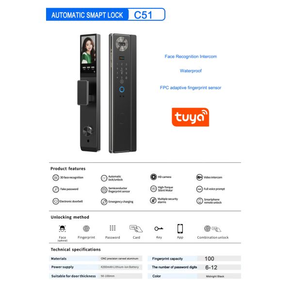 Waterproof Smart Face Recognition Door Lock with Video Intercom & App Control