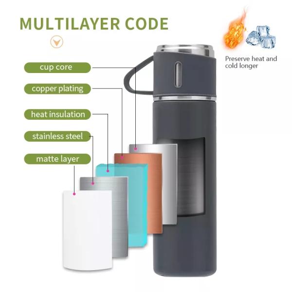 500ml Capacity Business Cup Stainless Steel Thermos Flasks Water Bottle With 3 Lids Pink