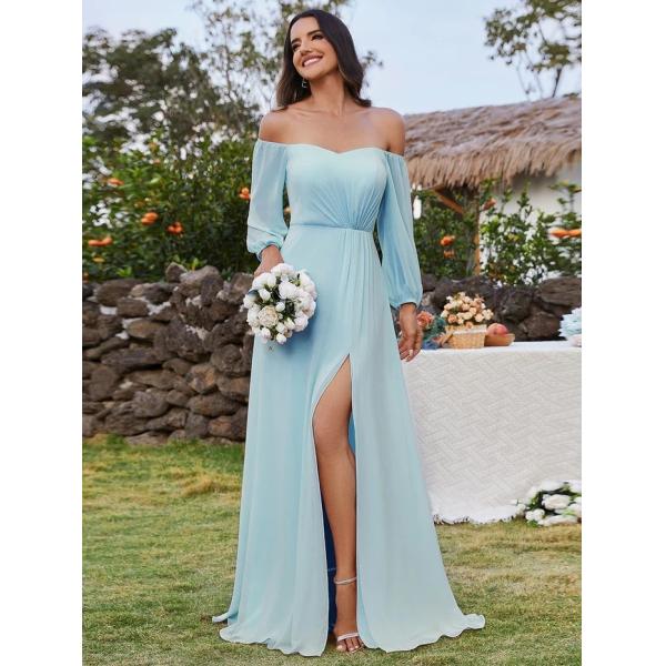 Plus Size Ruffled Long Sleeve High Slit Off-shoulder High Slit Burgundy Chiffon Prom Dress