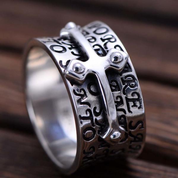 Men Retro Sterling 925 Silver Engraved Words Cross Band Style Ring (XH051940W)