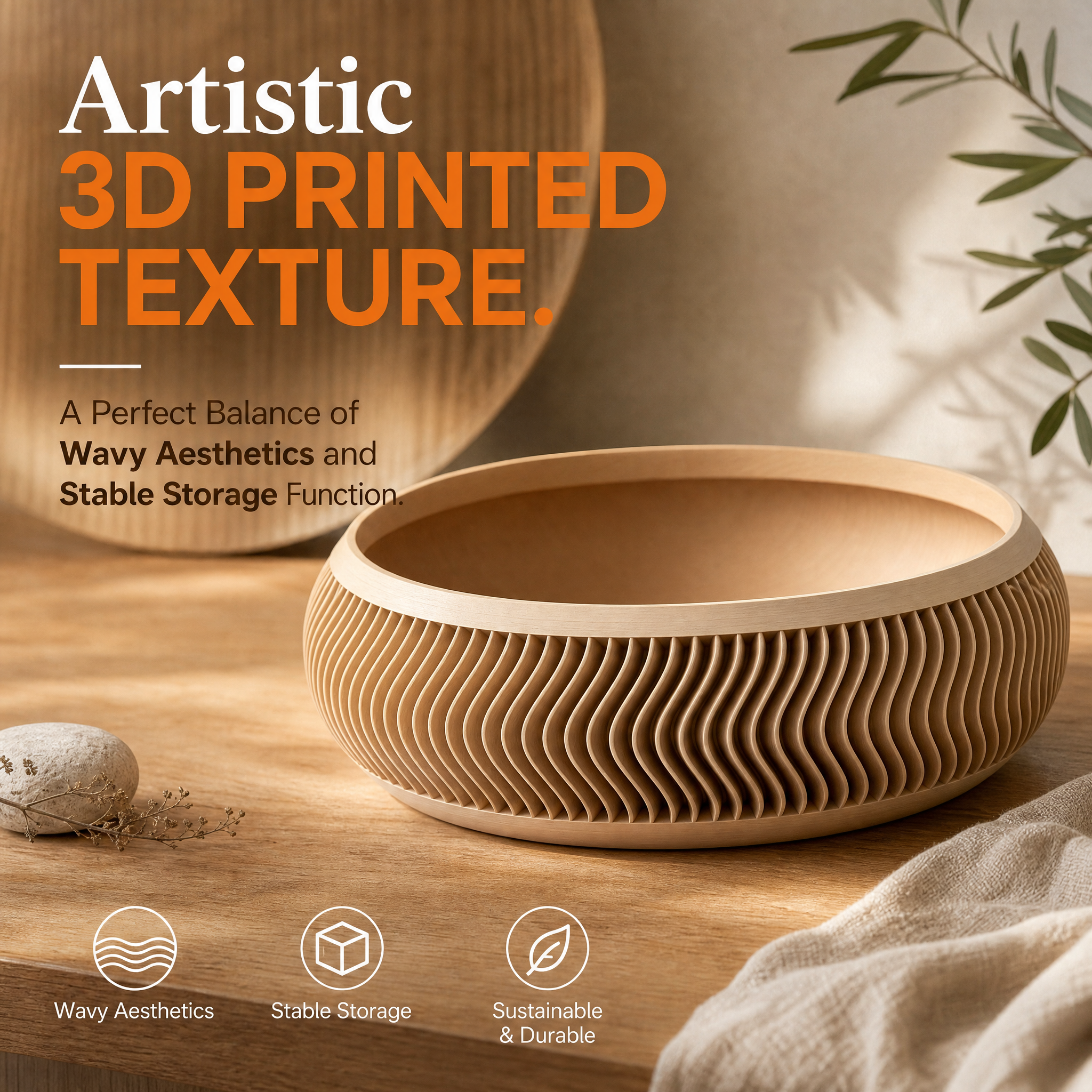 Wavy Textured 3d Printed Room Decor Lightweight Fruit Display 3D Printed Bowl