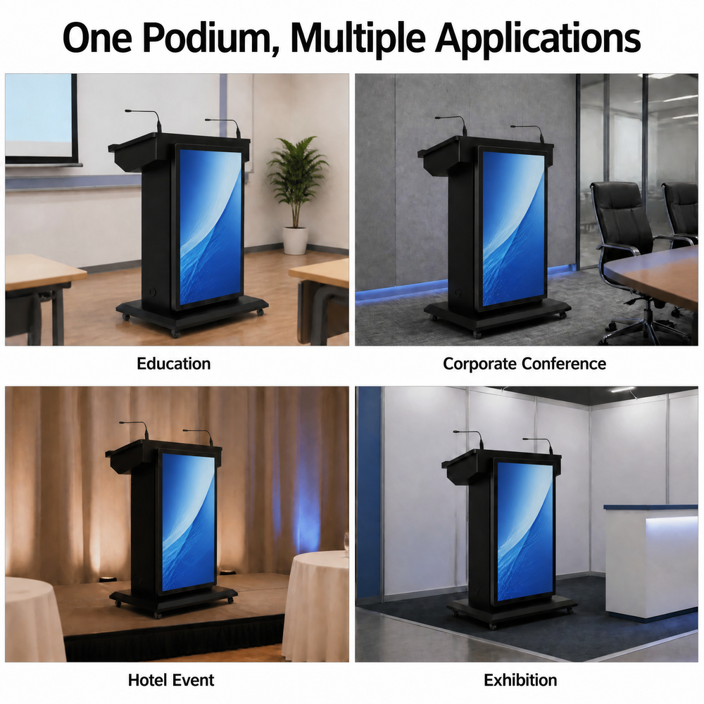 Dual Screen Smart Podium HDMI Input USB Multi Screen Display 2 Gooseneck Microphones PA Support