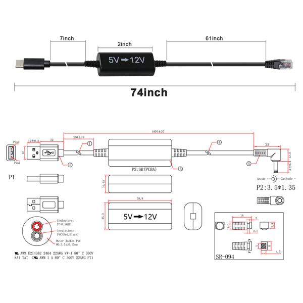 USB-C to RJ45 5V to 12V Power Injector Cable for IP Cameras