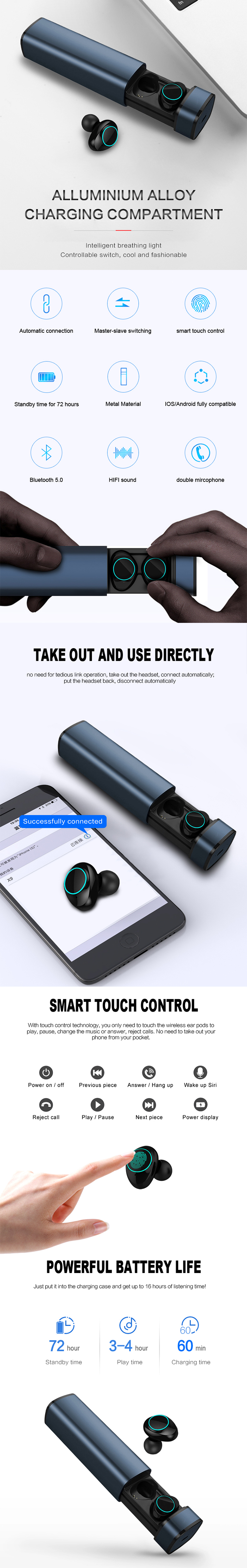Эргономический радиотелеграф стерео Earbuds 500mAH Bluetooth с основанием цилиндра поручая