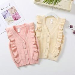 Knitting  Ruffles Patterns Children Sleeveless Sweater Wholesale Baby Girls Feather Yarn Sweater Vest