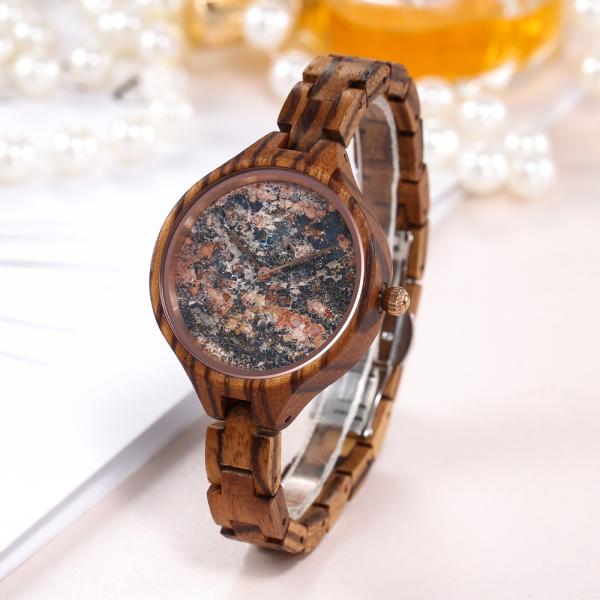 36mm Stone Marble Face Watch Wooden Band True Wood Watches OEM LOGO