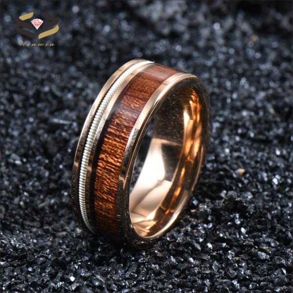 8mm Mens Tungsten Wedding Band Ring Rose Gold Finished With Koa Wood Inlay