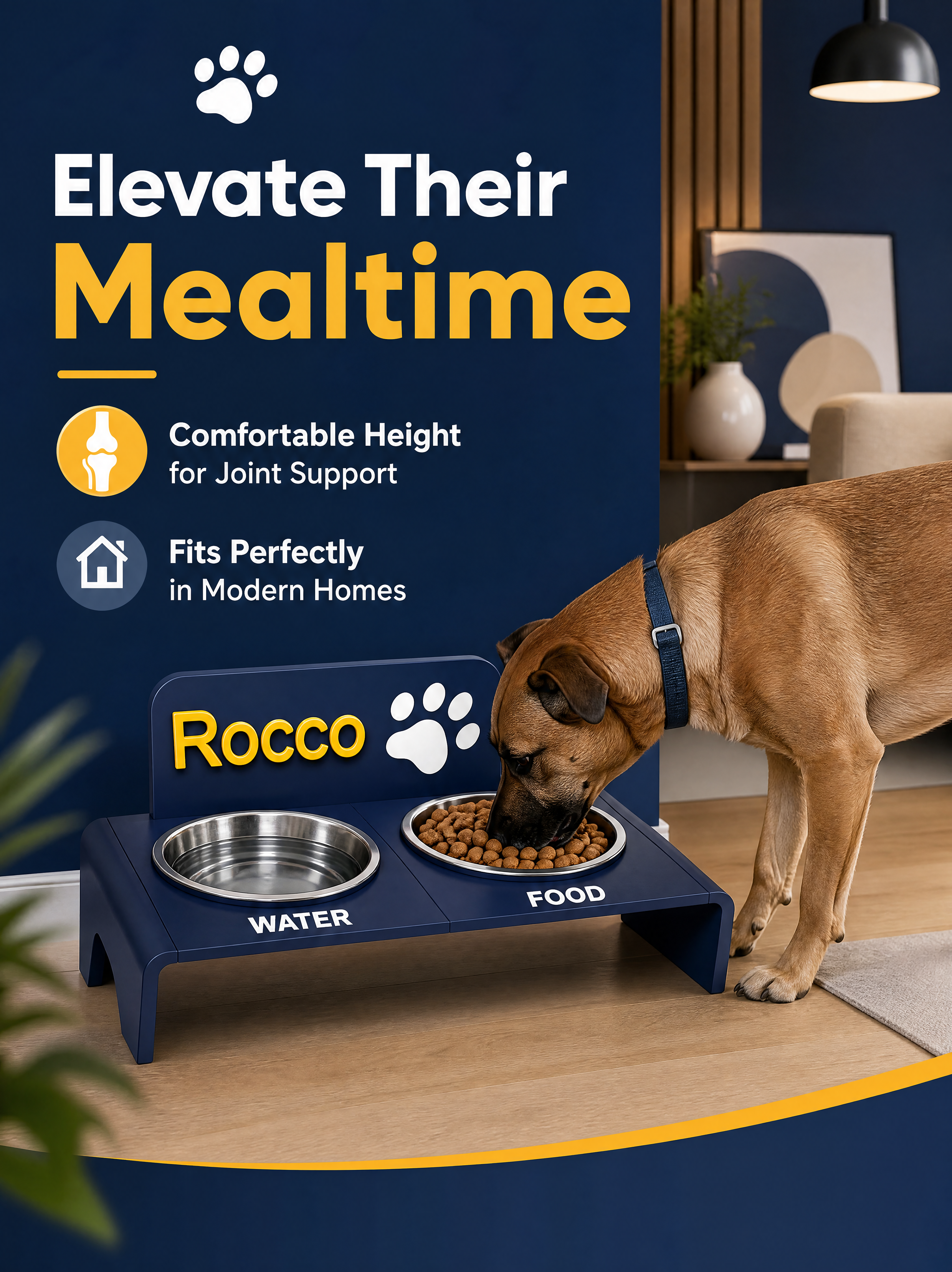 Navy Customized Name Dog Dining Station, 3D printed Pet Accessories Raised Feeding Stand Marked FOOD & WATER