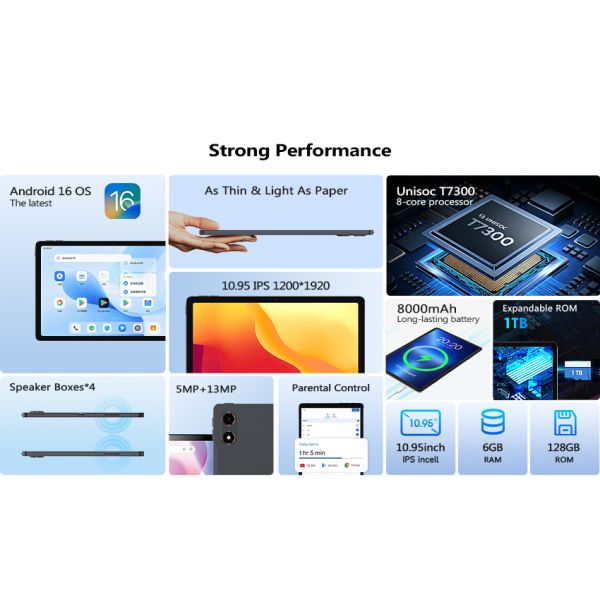 Kinstone 10.95 inch Andriod 16 Tablet PC 8000mAh, 4G Calling Tablet, 6GB+128GB