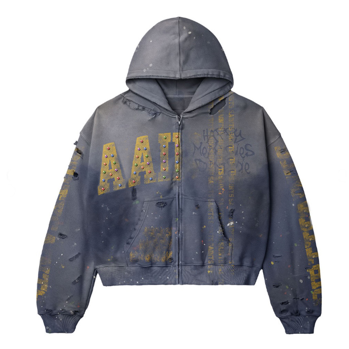 Mingarment Vintage Distressed Tracksuit | Men's Acid Wash Splatter Print Rivet Zip Up Hoodie & Wide Leg Sweatpants 2 Piece Streetwear Set, OEM Custom Bulk Apparel