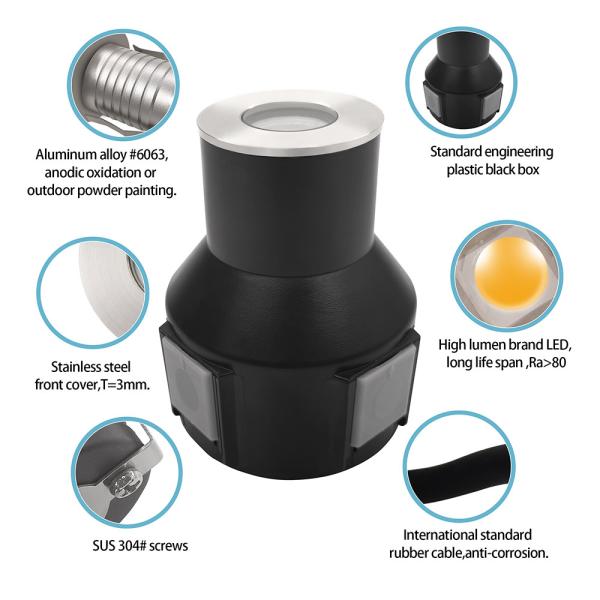 Luz de enterro LED de aço inoxidável 316 1w 2w 3w DC 24v com caixa traseira de plástico para paisagismo