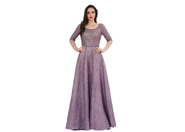 Purple Beading U Neck Muslim Evening Dress Floor Length Half Sleeve