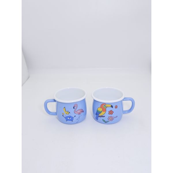 7cm Light Blue Tropical Bird Floral Print Enamel Mug White Rim Enamel Coffee Tea Cup Stackable Daily Enamel Drinkware
