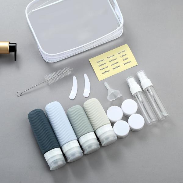 Lot de 16 flacons de toilette en silicone gris rechargeables pour voyage, approuvés par la TSA