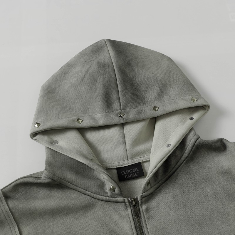 Unisex Winter Fleece Jackets with Pockets Zippers Washed Black/Dark Grey Hoodie Windproof Oversized Fit Vintage Style 3D