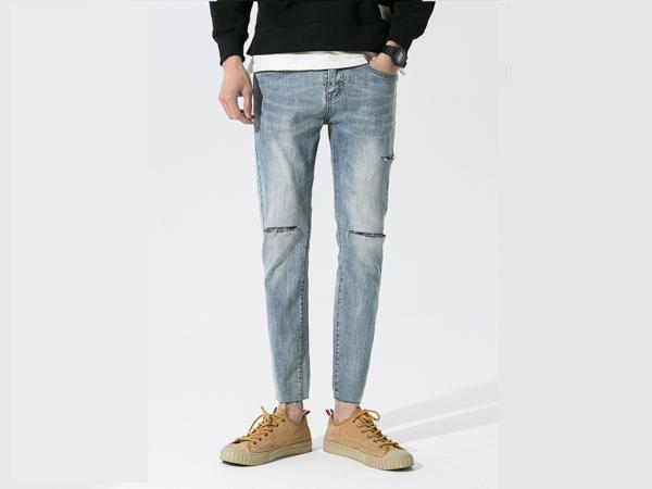 28-36 Lignt Blue Jeans Men'S Denim Pants With Rips Slim Fit Cotton Fabric