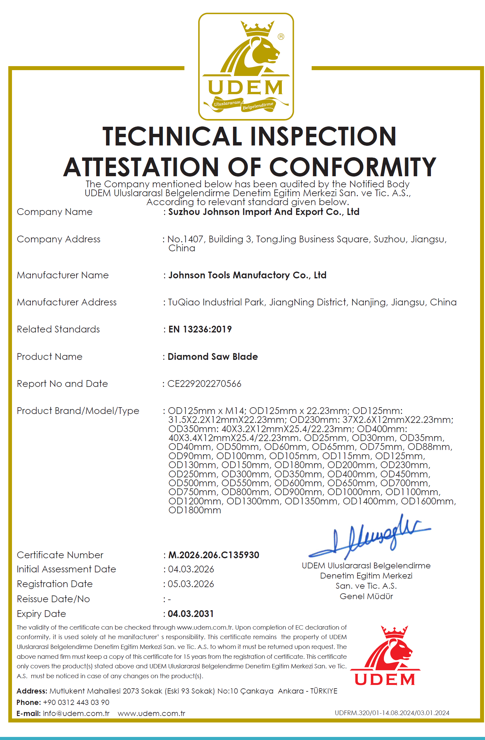 Johnson Tools Manufactory Co.,Ltd Certifications