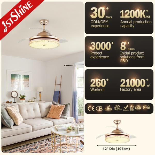 3 lâminas claras Ventilador de teto retrátil moderno dourado com luz LED