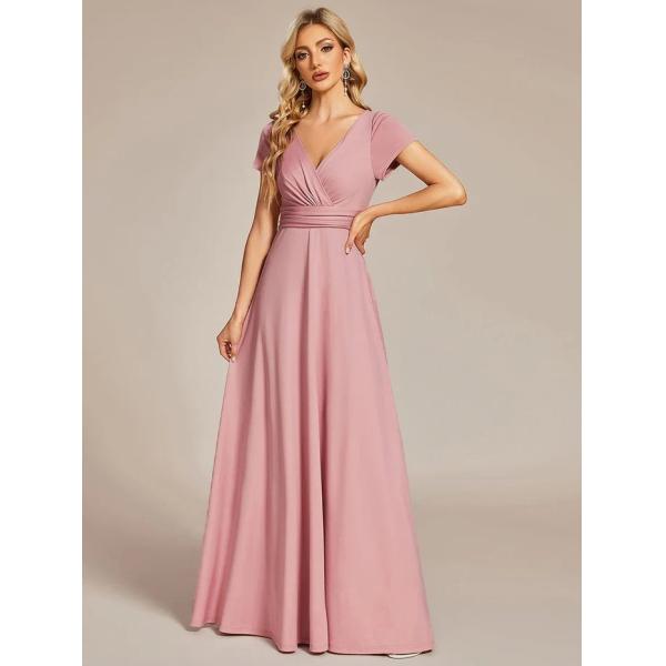 Sexy Custom Size V-neck Simple Pleated Empire Waist A-line Short Sleeve Dusty Rose Satin Evening Dress