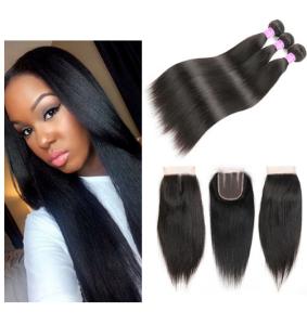 Straight Natural Color 100 Virgin Brazilian Human Hair Bundles With Closure 4 X