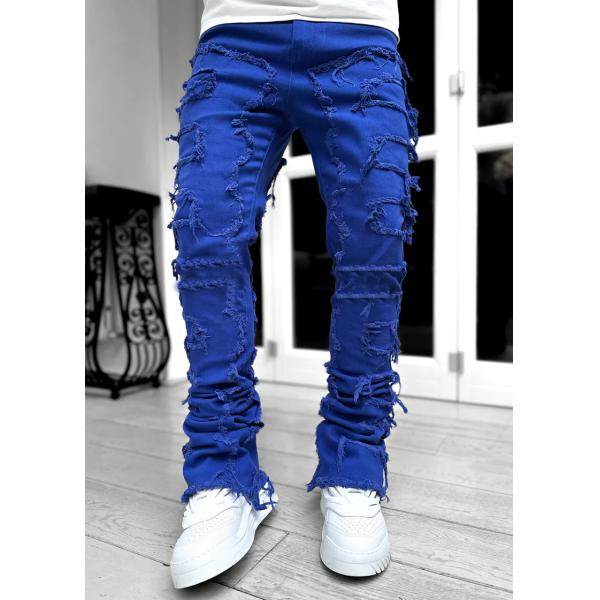 Street Style Men's Boot Cut Light Blue Damaged Tassel Applique Jeans Spandex/Cotton