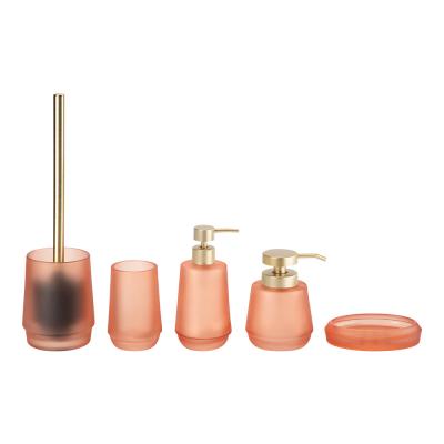 Glass Bathroom Accessories Set Frosted Orange Round Shape Gold Pump Glass Soap Dispenser