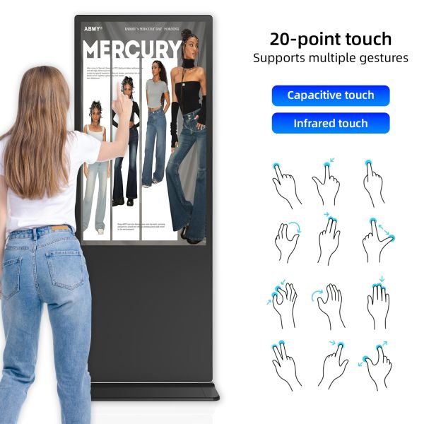 Vertical 55 Inch Floor Standing LCD Display Capacitive Digital Signage Touch Screen Kiosk 4K UHD Android