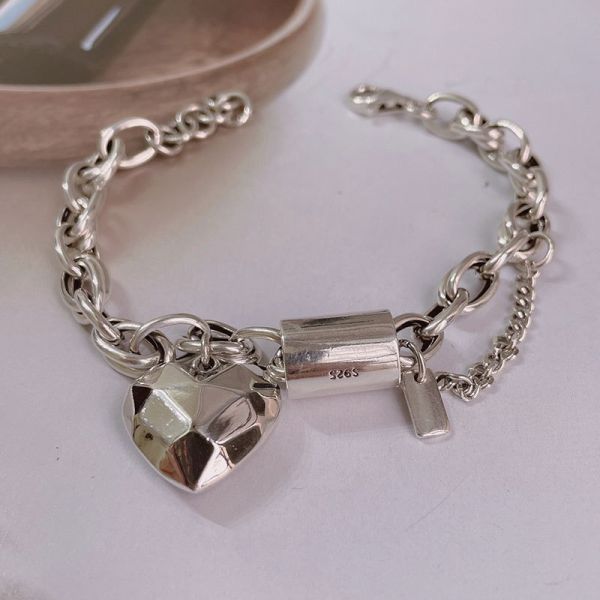 Korean Thick 925 Sterling Silver Love Heart-shaped Personalized  Simple Fashion Bracelet for Women