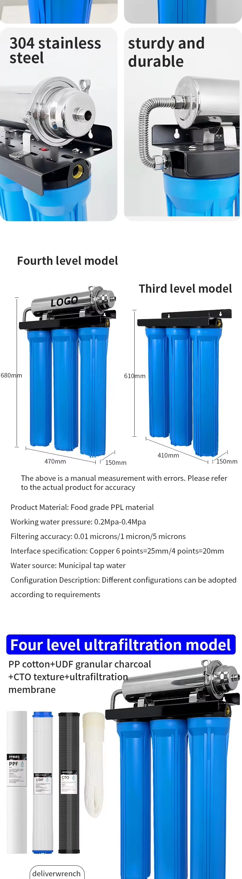 Ultrafiltration Water Purifiers 20 Inch Blue Bottle Whole House Drink Tap Water Filter Sediment Filter Systems
