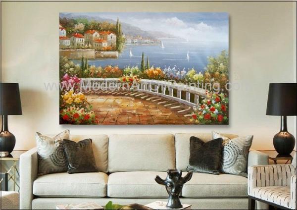 Pintura a óleo mediterrânea da paisagem de Itália da pintura a óleo do litoral para a decoração da parede