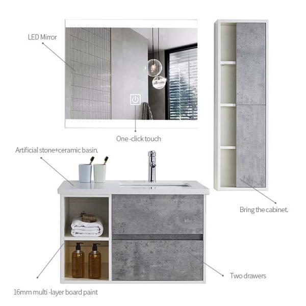 Plywood Material 80cm Bathroom Cabinet With Led Mirror And Side Cabinet