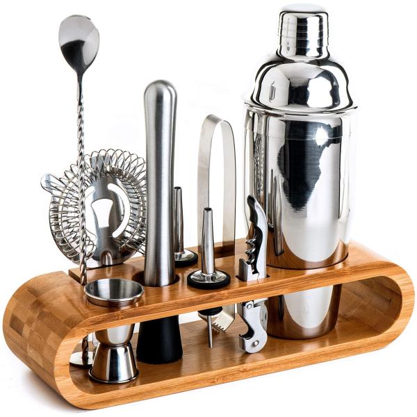 Minimalist Design 10 in 1 Stainless Steel Cocktail Shaker Set with Wooden Stand 750ml