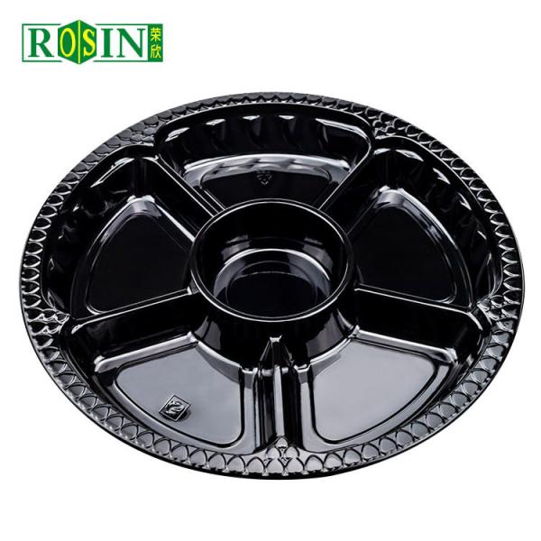 Round Disposable Fruit Packaging Box 6 Cavity Black Based With Anti Fog Clear Lid