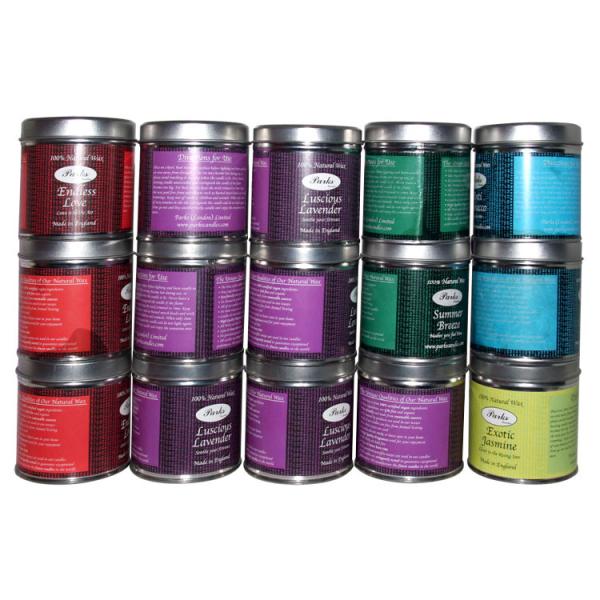 Latas de lata personalizadas da vela para o feriado e a viagem do Natal