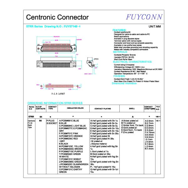 Соединитель 64 Pin PCB Amphenol 32 пар прямоугольный женский Centronics