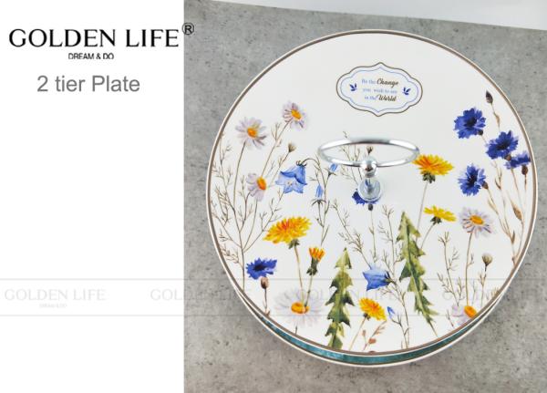 Pastoral Flowers Ceramic Fruit Plates Double - Decked AB Grade Quality Level Durable