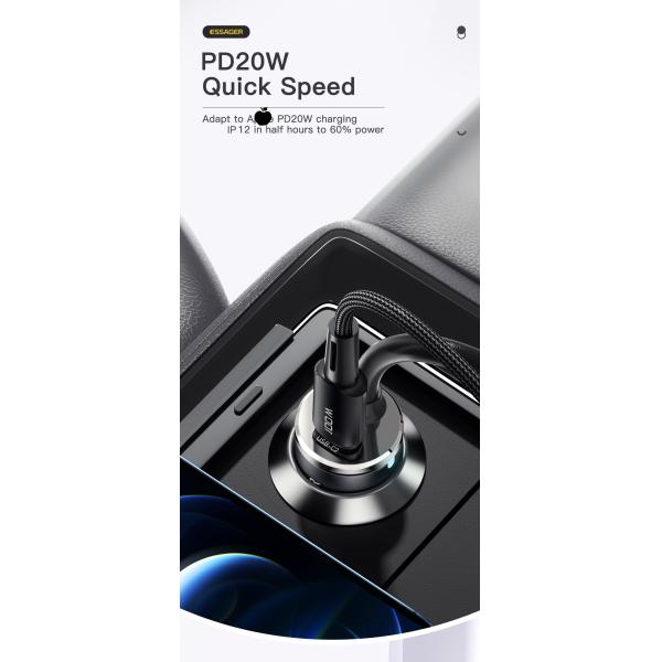 Cargador de automóvil para automóviles Essager 2022 Doution 1.5m Cable de extensión 2C2A Cargador de automóviles de 100W Para teléfono móvil Huawei Xiaomi