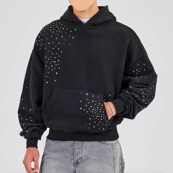 Custom Pullover Hoodie Men Streetwear Embroidery Logo Vintage Acid Wash Oversized Drop Shoulder Rhinestone Hoodie