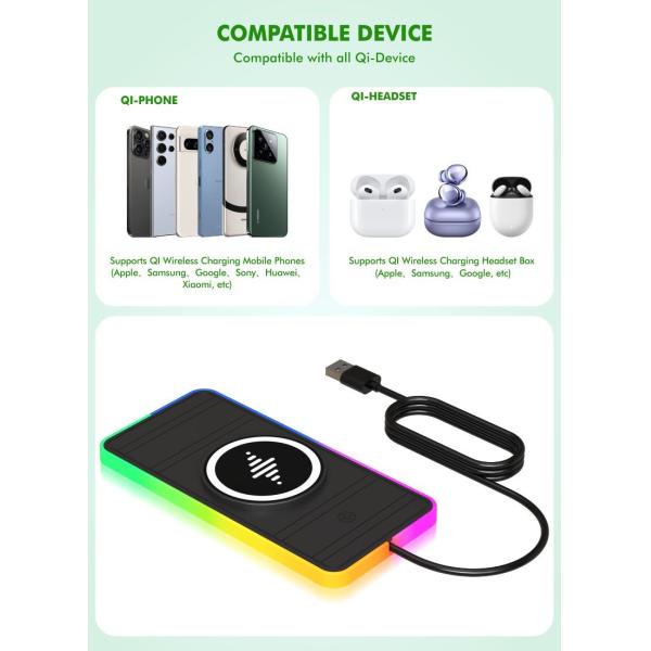 Silicone Car Wireless Charging Pad RGB LED Qi Apple Samsung Earbuds Compatibility