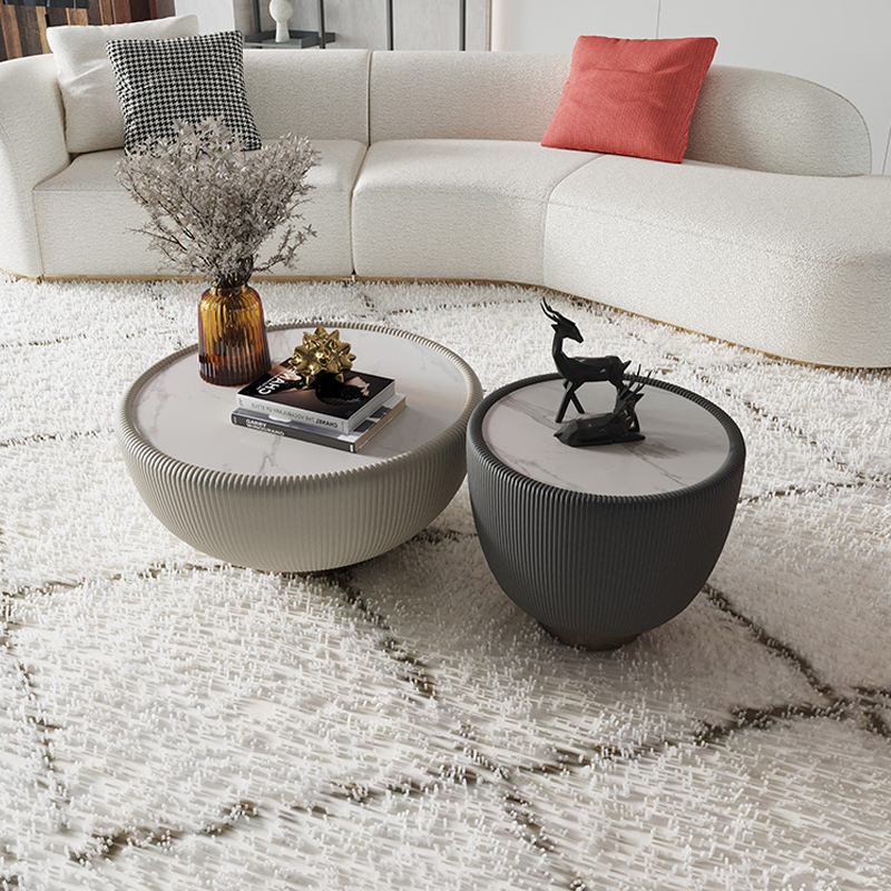 Modern Design Iron Frame Sofa Side Table with Sponge PU Base Bowl-Shaped Rock Plate Top for Tea Coffee Living Room Furniture