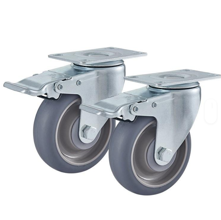 3/4/5 Inch Grey Medium Duty Caster TPR Top Plate Swivel Double Ball Bearing Caster Wheel With Brake