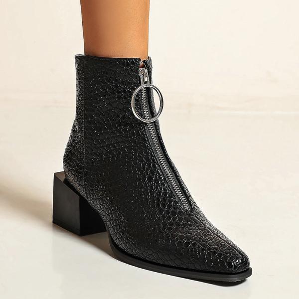 Zip Up Imitation Alligator Ladies Flat Boots Womens Block Heel Ankle Boots
