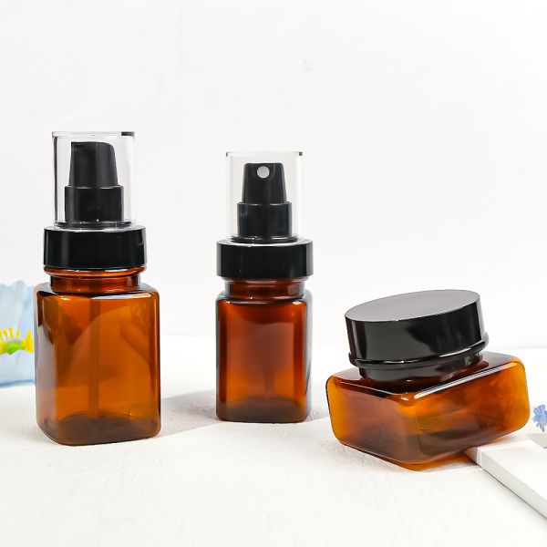 Amber Square Plastic Cosmetic Bottle Set for Skincare - Lightweight & Durable Cosmeceutical Packaging