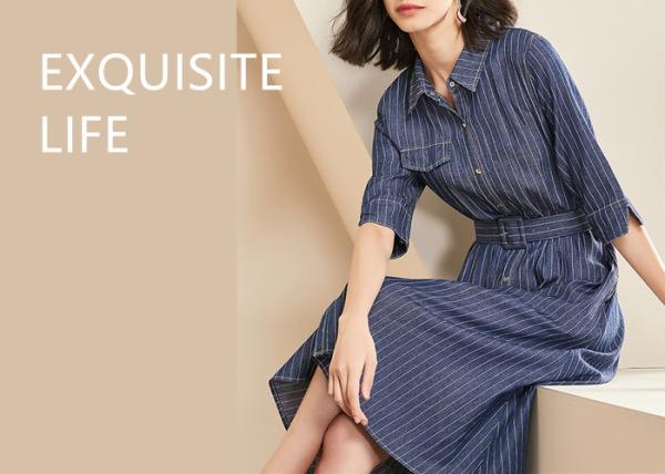 100% Cotton Belted Denim Dress Stripe Denim Button Through Long Skirt Indigo Color