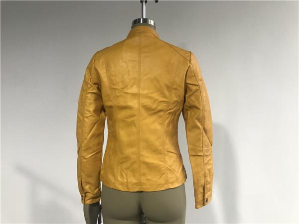 Mandarin Collar  Pu Leather Coat , Mustard Upstyled Pleather Biker Jacket Tw74180