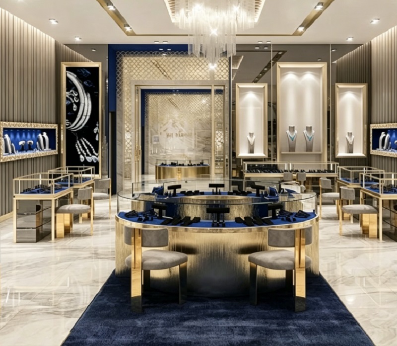 Luxury Gold Round Jewelry Kiosk, Complete Turnkey Retail Display Center with Blue Velvet Inserts & Matching Counters