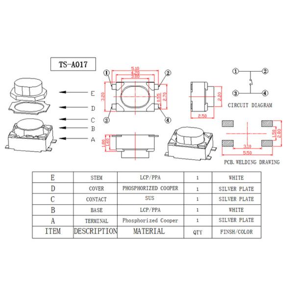 SMD Miniature Tactile Switch , SMT Tact Switch 3.3X3.3 Mm With Long Life Contact