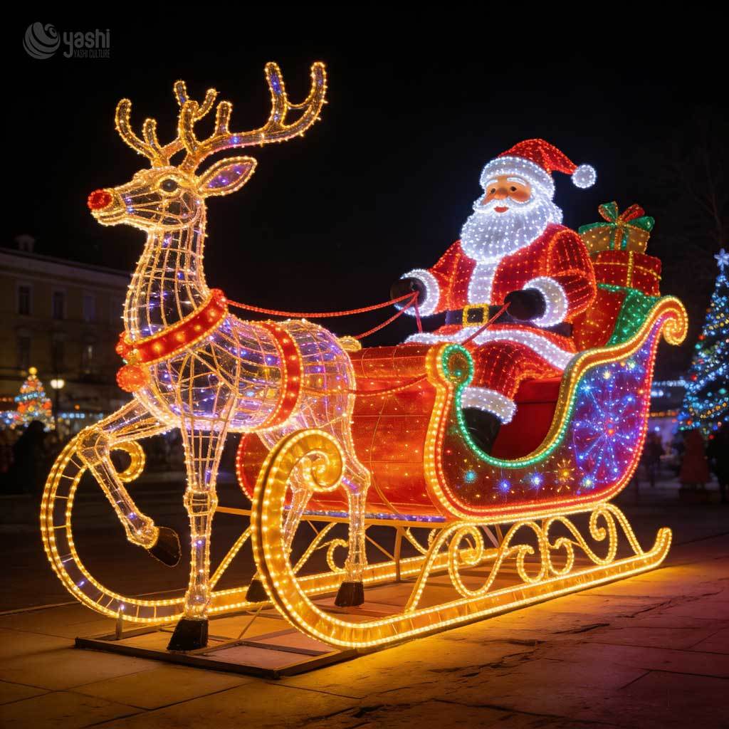 Santa Reindeer Sleigh LED Motif Light, Custom Outdoor Christmas Light Sculpture for Plaza Light Exhibition