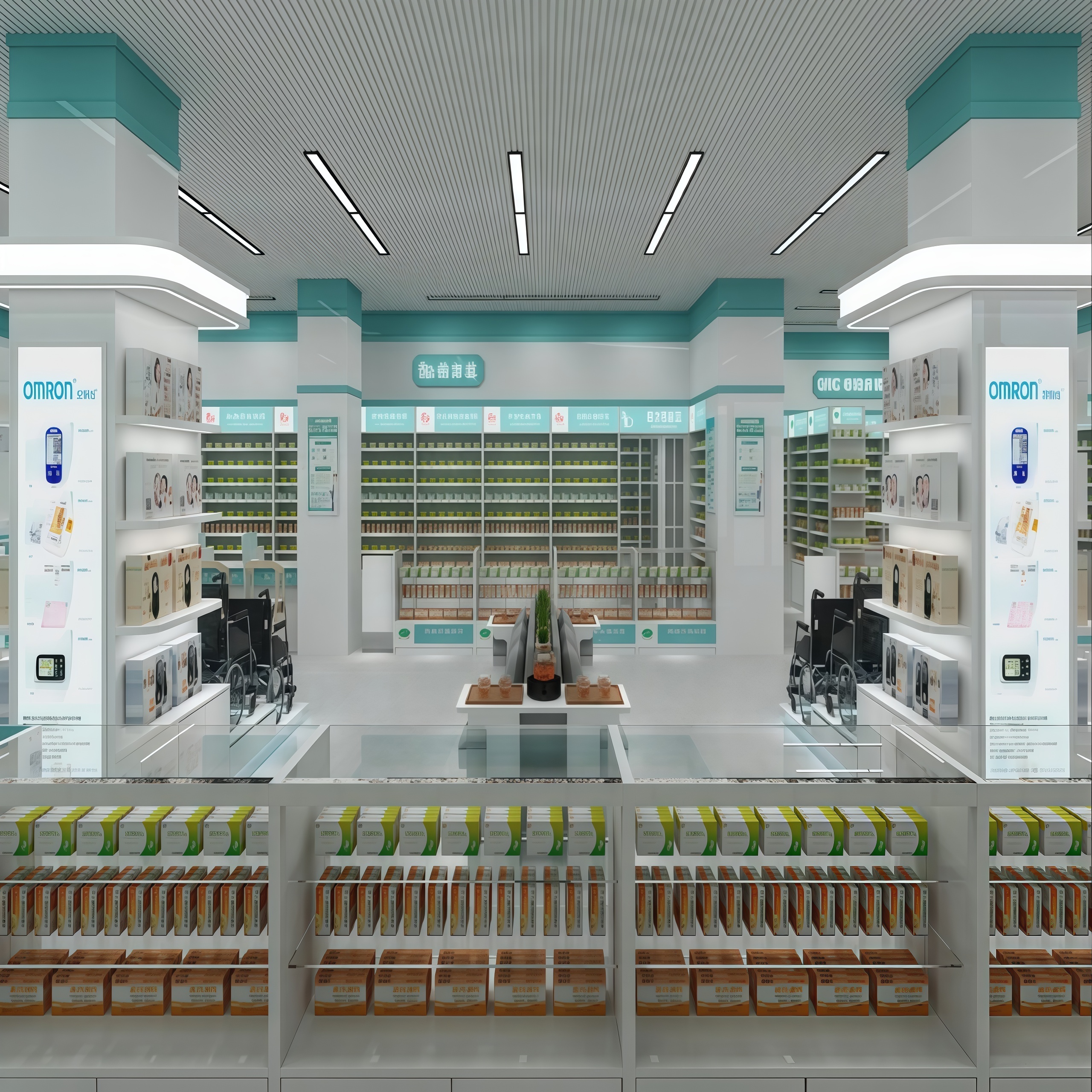 Pharmacy Showcase Cabinet and Medical Wall Shelf System for Retail Drugstore Store Furniture Design